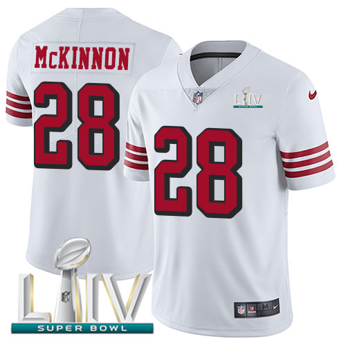 San Francisco 49ers Nike #28 Jerick McKinnon White Super Bowl LIV 2020 Rush Men Stitched NFL Vapor Untouchable Limited Jersey